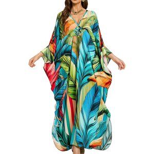 Women's Blue & Green Floral V-Neck Batwing Sleeves Summer Cover Up Kaftan Dress